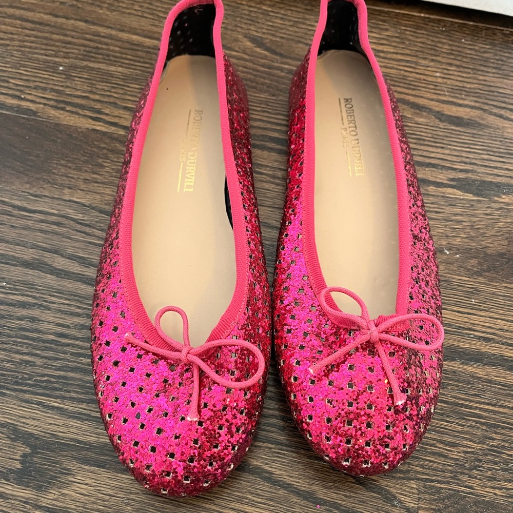 Sparkly Pink Glitter Italian Ballet Flats with Bow Detail